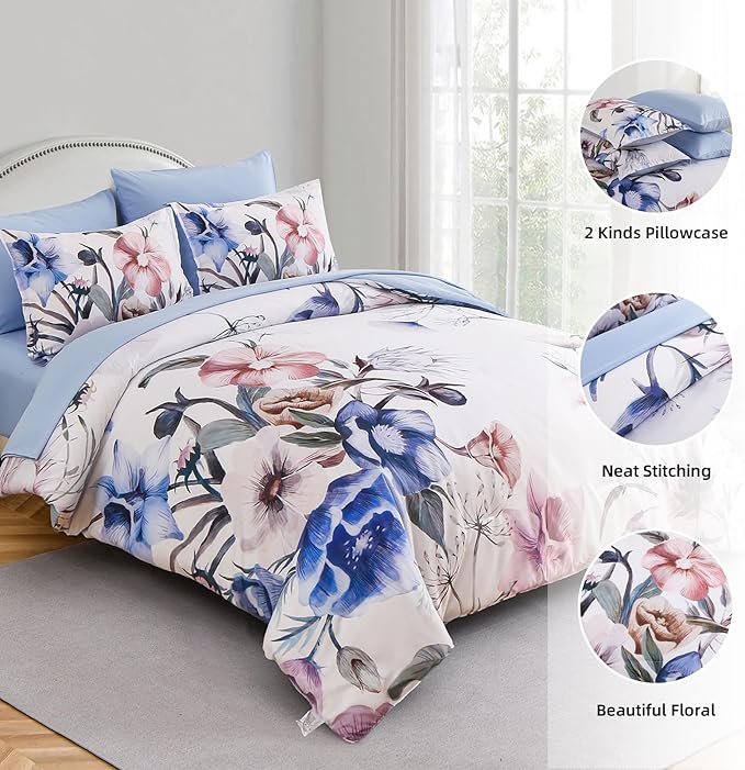 Luxudecor Floral Comforter Set King Size 7 Piece, Blue Flower Bed in a Bag, Elegant Floral Comforter with Sheet Set, Soft Microfiber Bedding Set for All Season (Blue, 104"x90")
