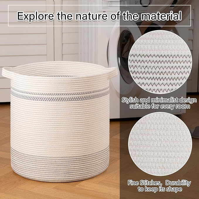 OIAHOMY 80L Laundry Basket, Laundry Hamper, Cotton Rope Storage Basket with Handles, Decorative Woven Basket for Living Room,Storage Baskets for Clothes, Blankets, and Toys -20''×18'', White&Gray - Image 3