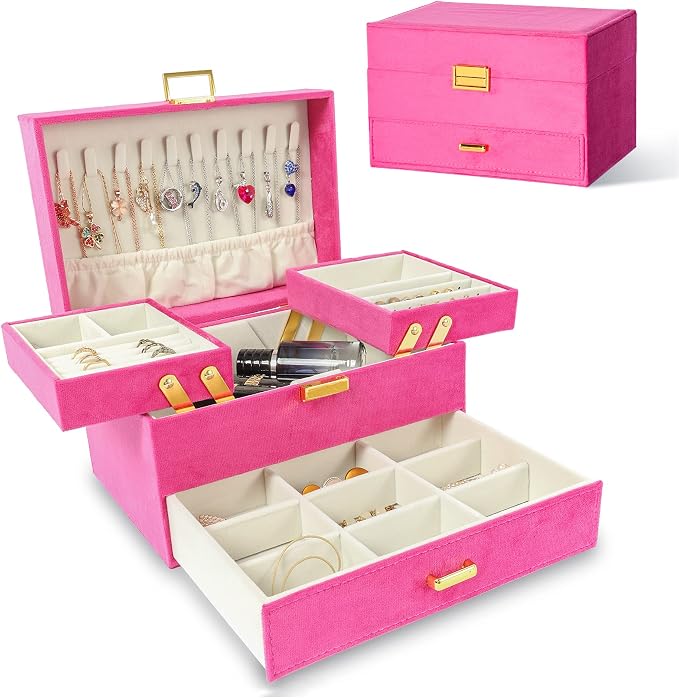 Dajasan Jewelry Organizer Box, Large Jewelry Boxes for Women Girls, Space-Saving 3 Layers Jewelry Storage Case with Drawer, Gift Idea for Christmas, Valentine's Day, Birthday, Mother's Day (Red) by DAJASAN