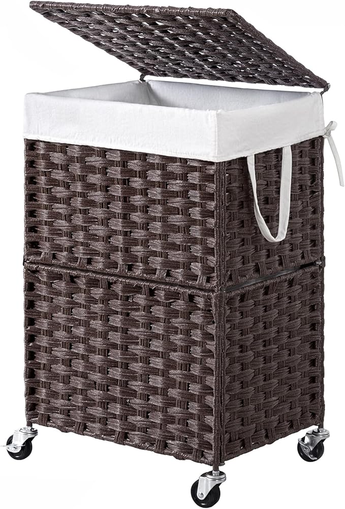 Chrislley 90L Slim Laundry Hamper with Wheels, Rolling Laundry Basket with Lid and Renovable Liner Bag, Handwoven Rattan Organizer for bedroom, bathroom, laundry room (Brown) by Chrislley