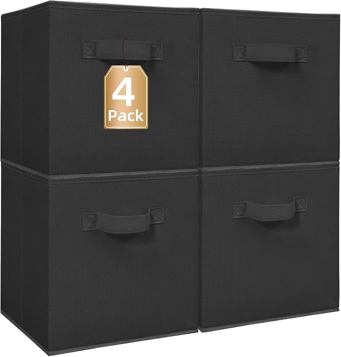 STORAGE MANIAC Storage Cubes, 11 Inch Collapsible Storage Bins with Handles, 4 Pack Fabric Foldable Bins for Organization, Durable Storage Bins for Closet, Shelves, Offices, Toys, 4-Pack Black by STORAGEMANIAC