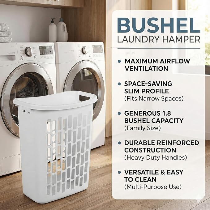 Bushel Laundry Hamper, Slim Rectangular Ventilated Plastic Clothes Basket, Heavy Duty Washing Bin With Reinforced Handles for Bathroom, Dorm, and Closet Organization, White, 1 Pack - Image 3