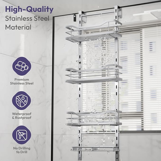 SWTYMIKI Over the Door Shower Caddy - 4 Tier Adjustable Shower Organizer Hanging with Soap Holder, No Drilling Stainless Steel Bathroom Rack Hanging for Body Wash, Shampoo, Soap, Razor, Silver - Image 6