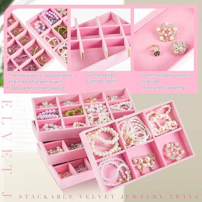 Junkin 12 Pcs Jewelry Tray Velvet Stackable Jewelry Organizer Trays Divided Earring Accessories Storage Containers Box (Rose Red) - Image 3