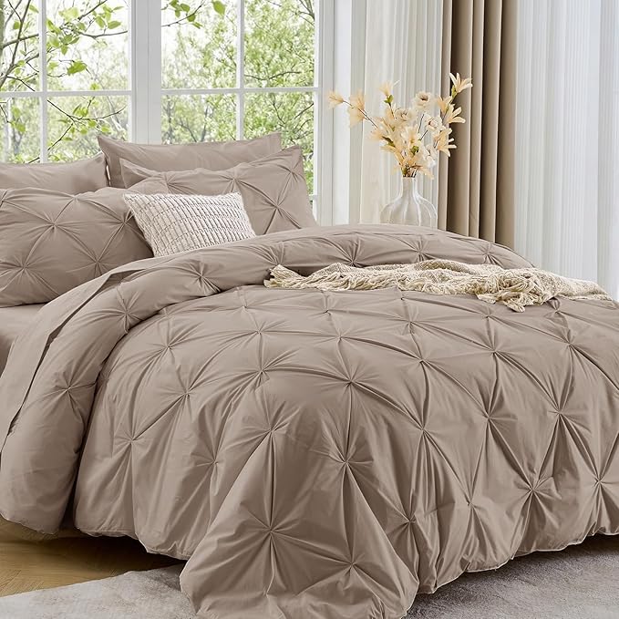 Sasttie Twin Comforter Set, 5-Piece Bed in a Bag, Pintuck Bedding Sets for All Season, Includes Comforter, Flat Sheet, Fitted Sheet, Pillowcase and Pillowsham, Dark Linen