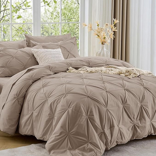Sasttie Twin XL Comforter Set, 5-Piece Bed in a Bag, Pintuck Bedding Sets for All Season, Includes Comforter, Flat Sheet, Fitted Sheet, Pillowcase and Pillowsham, Dark Linen
