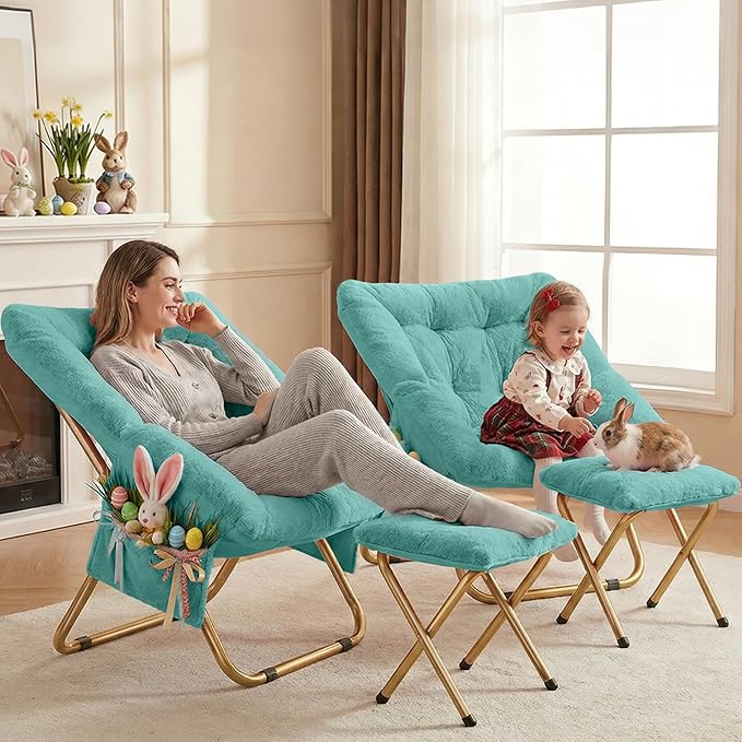 Kasunpul Comfy Saucer Chair, Foldable Living Room Chairs, Soft Faux Fur Lounge Chair for Bedroom, Reading Chairs for Adults, Teens, X-Large (Mint)