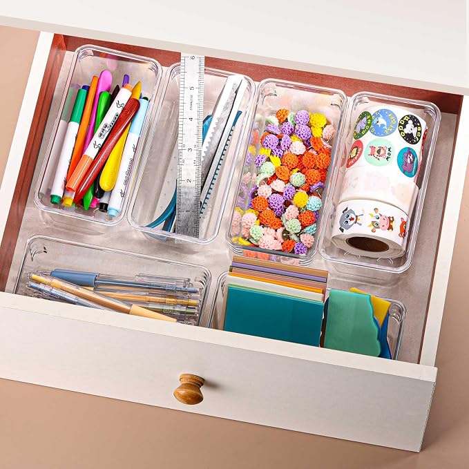 Ohlove 6Pcs Clear Plastic Drawer Organizers Tray 6" x 3" Storage Bins with 25Pcs Non-slip Pads for Makeup, Jewelries, Kitchen Utensils, Bathroom and Office - Image 4