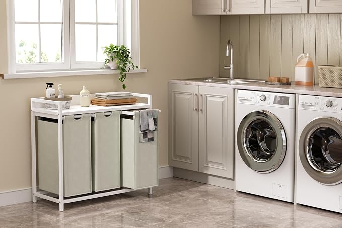 Herture Laundry Hamper with Shelf, Laundry Basket 3 Section, Laundry Sorter with Pull-Out Removable Large Bags and Movable Wheels, Metal Frame, 3 x 15.87 Gallons (60L), White PF04XLW - Image 2