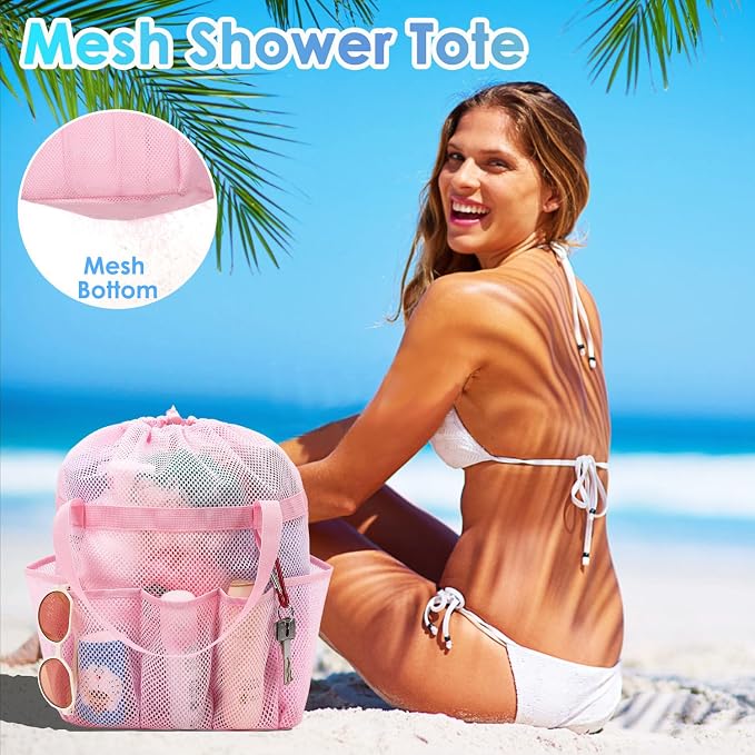 Fammart Mesh Shower Caddy Portable with Drawstring, Dorm Room Essentials for College Girls Guys, 8-Pocket Extra Large Shower Bag Basket Tote for Camping Beach Gym Travel Toiletry Bathroom - Image 6