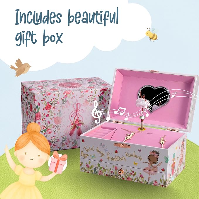 The Memory Building Co Black Ballerina Musical Jewelry Box Plays Classic Melody, Storage Organizer Music Box for Kids Ages 6-12 MDF Wood w/ 2 Fabric Lined Ring Bracelet Necklace Treasure Compartments - Image 7