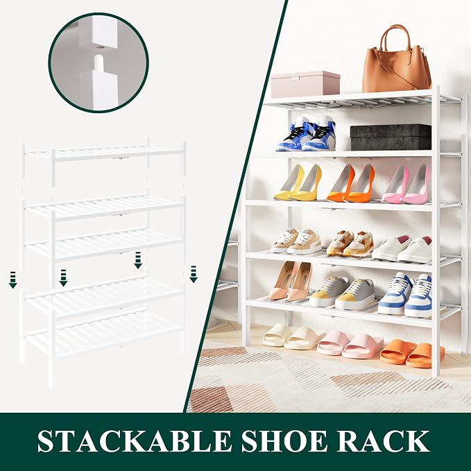 Smiry Shoe Rack, 2 Tier Thick Bamboo Shoe Organizer, Stackable Free Standing Wooden Shoe Storage Shelf for Closet, Entryway, Front Door Entrance, White - Image 4