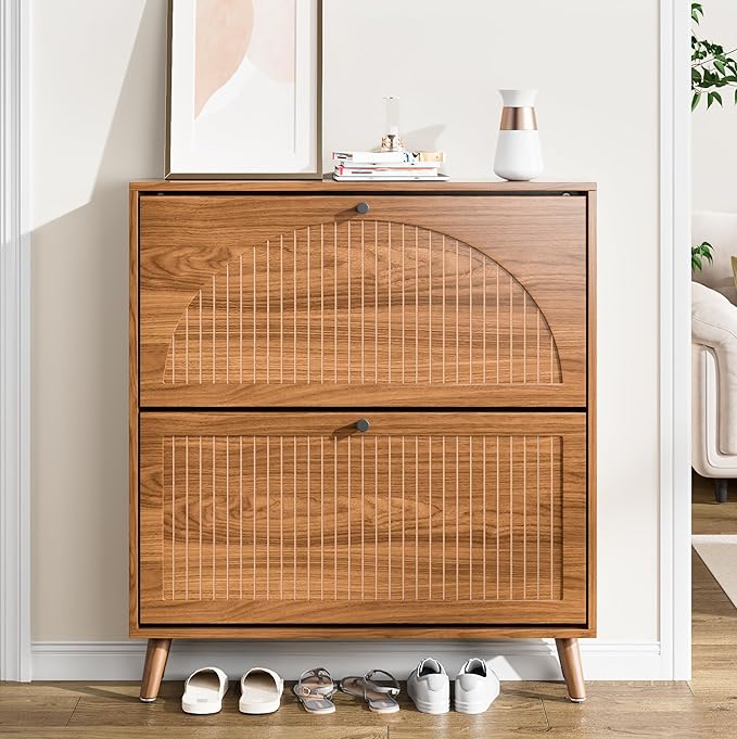 Fsbecl Shoe Storage Cabinet for Entryway with 2 Flip Drawers, Narrow Wood Shoe Cabinet with Fluted Panel, Freestanding Hidden Shoe Organizer for Foyer, Hallway (Walnut - No Shelf) by Fsbecl