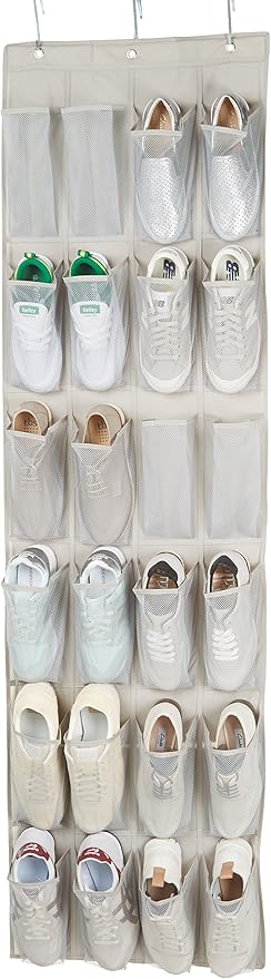 Amazon Basics 24 Medium Mesh Pocket Over-the-Door Hanging Shoe Organizer, Space Saving Shoe Storage, Light Grey | Over-the-Door, 24 - Image 3