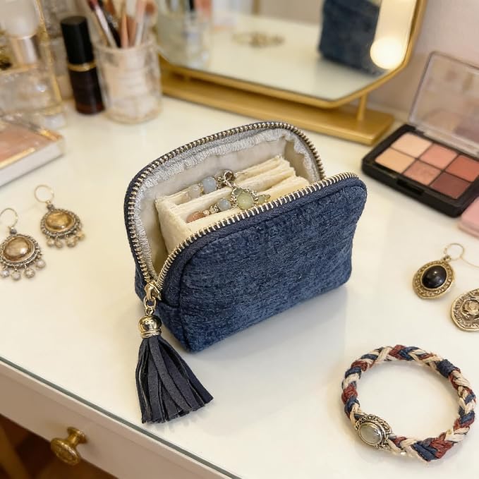 Small Travel Jewelry Case - Jewelry Travel Organizer Bag with Tassel Zipper for Bracelets, Necklaces, Bangles, Jewelry Organizer Storage Bag Gift for Women Girls - LJB001-Royal Blue - Image 3