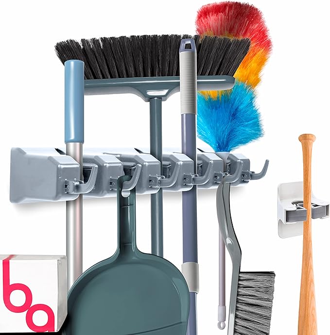 Combo 5 Slot Broom Holder w/ 1 Self Adhesive Mop Gripper No-Drilling, Wall Mount Tool Organizers For Kitchen, Garage, Laundry Room- Anti-Slip Hanger For Brooms, Mops, Rakes, Dustpans (Grey / White) by BerryAve