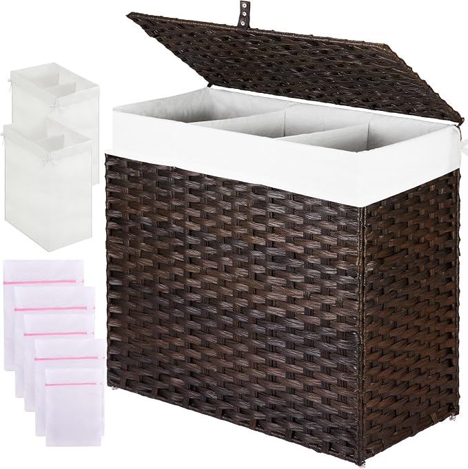 Greenstell Laundry Hamper with Lid, 125L Wicker Laundry Baskets with 2 Removable Liner Bags & 5 Mesh Laundry Bags, Handwoven Rattan Clothes Hamper with Handles for Clothes in Bathroom, Bedroom by Greenstell
