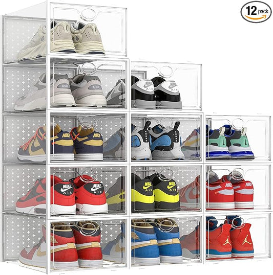 Pinkpum XXL Larger Shoe Storage Boxes Fit Size 14, Clear Plastic Stackable Shoe Organizer 12 Pack Sneaker Storage for Sneakerheads Shoe Containers by Pinkpum