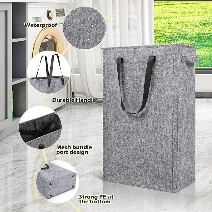 Odonata Slim Laundry Hamper Handles Collapsible Laundry Basket Thin Dirty Clothes Basket Narrow Laundry Bag Foldable Dirty Hamper 45L (Heather Grey) - Image 5
