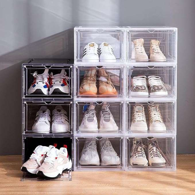 Attelite Shoe Box,Set of 6,Stackable Plastic Clear Shoe Box Organizer with Magnetic Door,Shoe Storage Box Thicken Sturdy,Easy Assembly,Fit up to US Size 12,Black - Image 6