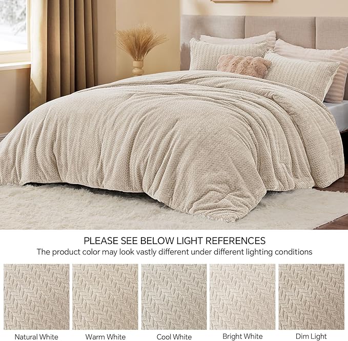 Flannel Fleece Full Comforter Set - Furry Linen Leaves Pattern Faux Fur Bed Set, Winter Ultra Soft Fuzzy Comfort Set, Velvet Bedding Set for Bed with 2 Pillow Cases