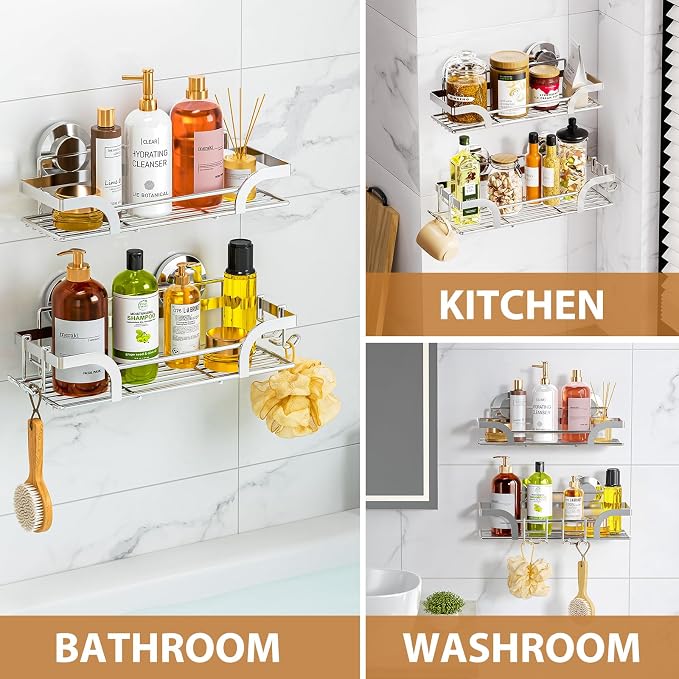 LEVERLOC Shower Caddy Suction Cup 2 Pack, Shower Shelf for Inside, Large Capacity Bathroom Organizers and Storage, Rustproof & Waterproof Metal Bath Basket, No-Drilling, Heavy Duty, Silver - Image 3