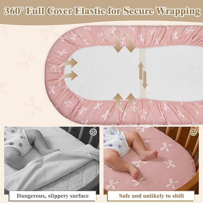 Basumee Muslin Bassinet Sheets for Baby Girl Boy 2 Pack Soft Breathable Baby Bedside Bassinet Fitted Sheets with Bottom Elastic Band Mattress Cover for Rectangle Oval Hourglass Bassinets