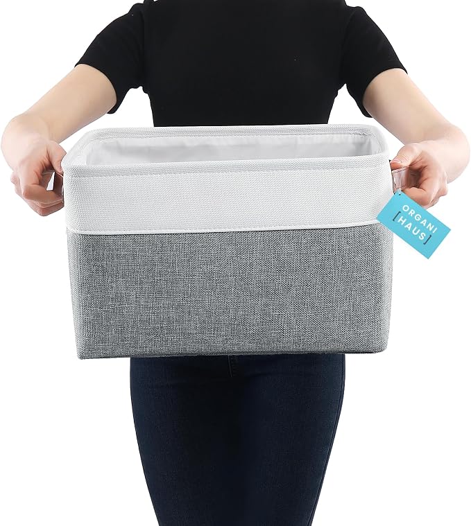 OrganiHaus Large Fabric Storage Baskets for Shelves 3 Pack, 15x11in Closet Storage Bins, Canvas Storage Bin for Organizing, Cloth Baskets, Linen Closet Organizers, Gray/Off-White - Image 3