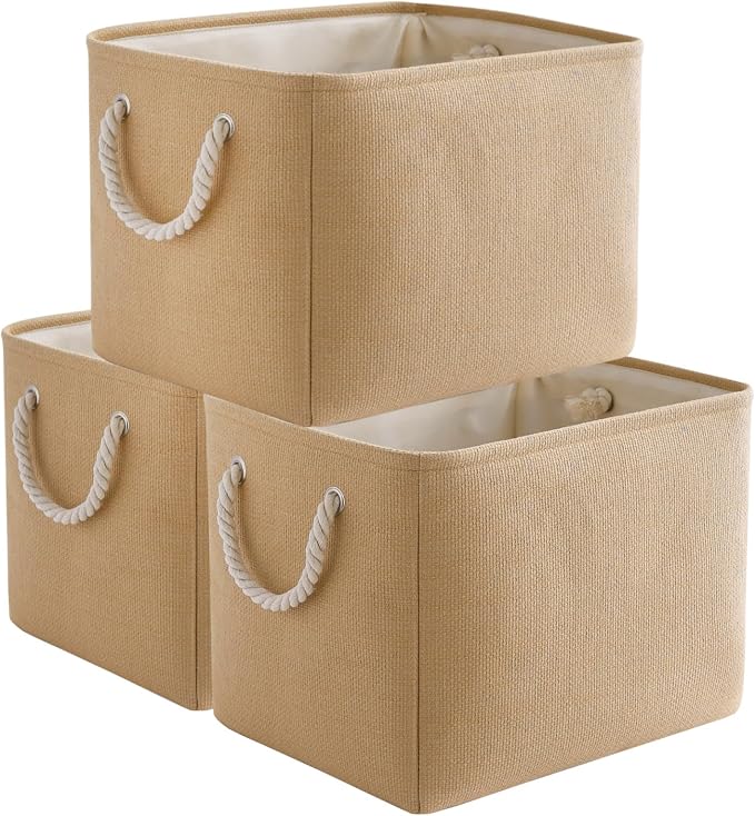 TheWarmHome Organization and Storage Basket for Organizing - 3 Pack 16x12x12 inch Cube Fabric Storage Cubes, Storage Bin for Shelves Gift Closet Organizer Cloth Toy (Beige) by TheWarmHome