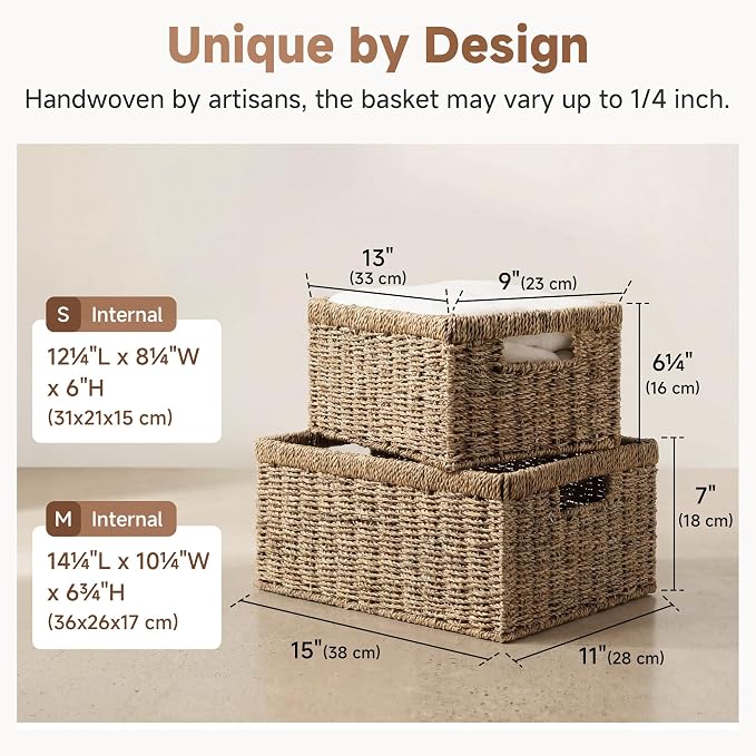 StorageWorks Wicker Storage Baskets, Handwoven Seagrass Basket for Organizing, Decorative Organizers with Built-in Handles, Set of 2 - Image 3