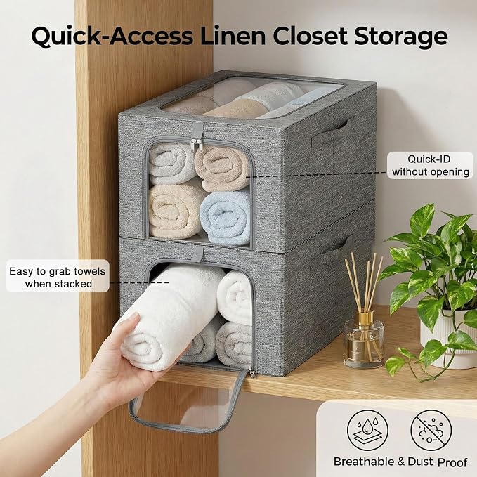 GoMaihe Clothes Storage Bins Metal Frame: 3-Pack Compact Stackable Closet Storage Bin with Lid & Clear Window, Space Saving Organizer for Sweaters Kids Clothes (Dorm/Closet 27L) - Image 4