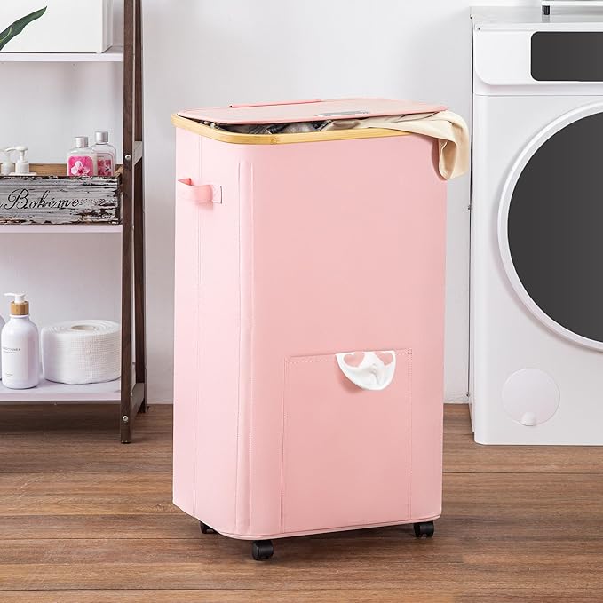 Vincona Laundry Basket with Wheels, Tall Dirty Clothes Hamper on Wheels, Rolling Laundry Hamper with lid for Dorm, Bedroom and Bathroom (Pink, 100L) - Image 6