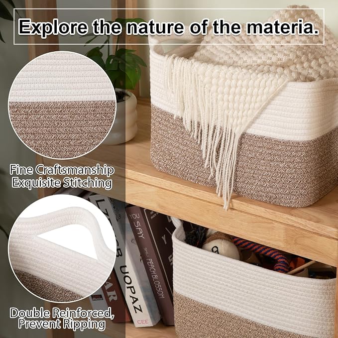 OIAHOMY Woven Storage Basket for Shelves, Rectangle Cotton Rope Baskets for Organizing, 13 x 10 x 9 in, Storage Bins for Dog Toys,Towel,Books,Gift,Flax Brown and White - Image 6