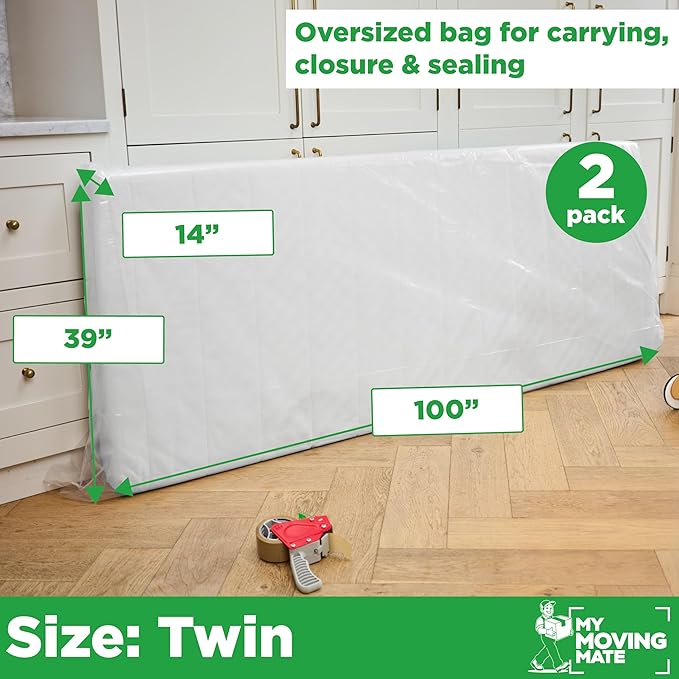 Mattress Bags for Moving, Twin Mattress Bag for Storage, 2 Pack Plastic Cover for Bed Storage & Disposal, Mattress Moving Bag Twin Size Protector XL - 39 x 100 x 14 inch (x 2)