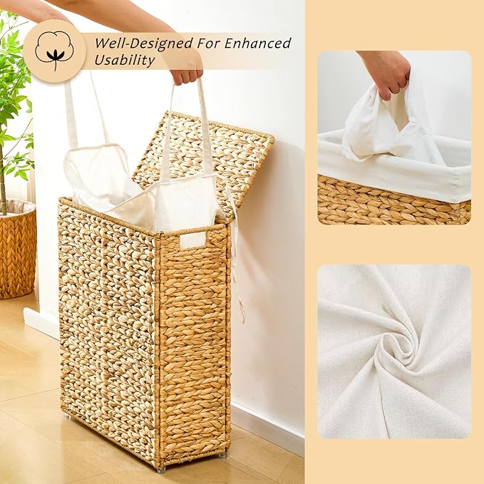 Handwoven Slim Laundry Hamper with Lid, 55L Natural Water Hyacinth Basket and Handles, Narrow Wicker Laundry Basket with Removable Liner Bag & 2 Mesh Bags - Image 8