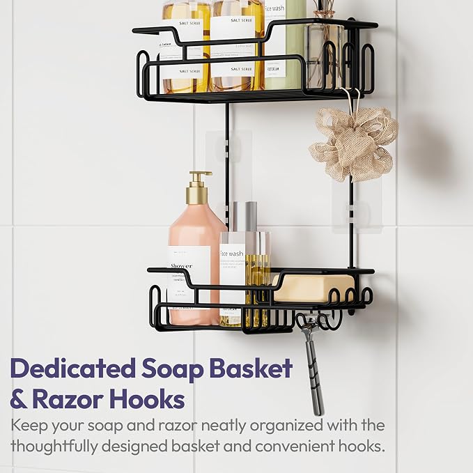 SWTYMIKI Bathroom Shower Caddy Hanging - Extended Length 2 Tier Rustproof Over Shower Head Organizer, No Drilling Bathroom Shelf with 14 Hooks & Soap Holder, Anti-Swing Rack, Black, Medium - Image 5