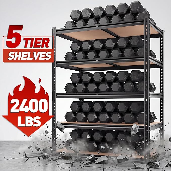 REIBII 2400LBS Storage Shelves 5 Tier Garage Shelving Heavy Duty, Adjustable Metal Shelving, Garage Shelves for Basement, Warehouse, Pantry, Closet, Kitchen 72" H x 35.55" W x 16" D, Black, 3 Pack - Image 5