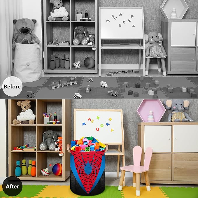 Red Spider Web Large Laundry Hamper Basket, Round Collapsible Storage Organizer Bin for Kids, Boys, Nursery, Closet, Bedroom, Playroom, Toys, Dirty Clothes, 16"W x 20"H - Image 3