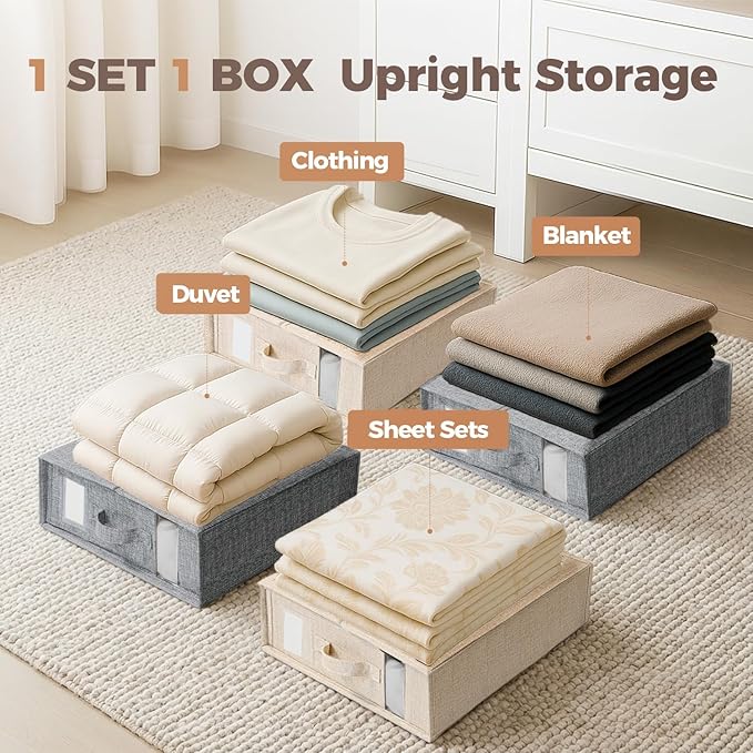 4 Pack Sheet Storage Organizer (King & Queen Size) with handle, Foldable Sheet Set Organizer for Linen Closet, Sheet Organizer for Blanket, Coverlet and Towel, Beige - Image 6