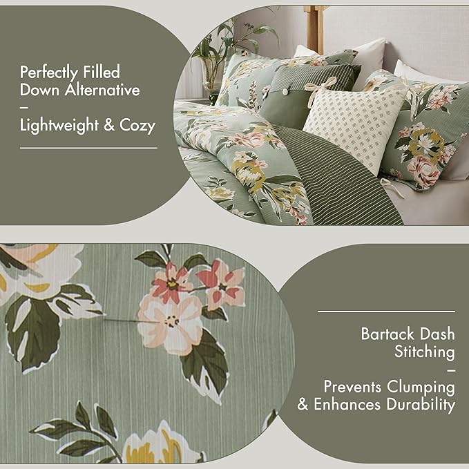 Madison Park Vintage Floral Reversible Comforters King Size Bed, All Season, Down Alternative Bedding Comforter, Bedskirt, Pillows, Shams, Salara, King Green 7 Piece | Reversible