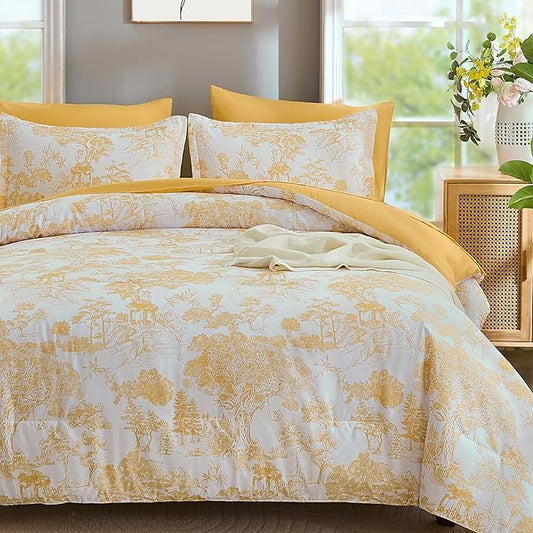 DJY Queen Size Comforter Sets, Yellow Botanical Comforters with Sheets 7 Pieces Bed in a Bag Queen Elegant Plants Print Soft Microfiber Reversible Complete Bedding Sets for All Season