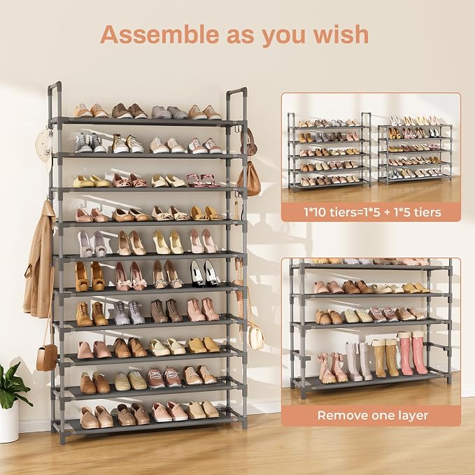 LANTEFUL Tall Shoe Rack 10 Tier Shoe Organizer Large Shoe Shelf with 18 Hooks Storage for 50 Pair Sneaker and Boot, Stackable Vertical Shoe Rack Organizer for Closet, Entryway, Bedroom, Grey - Image 5