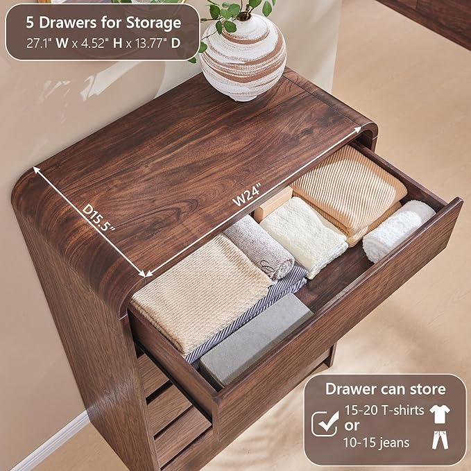 Aitjunz Modern 5 Drawers Dresser for Bedroom, 45" Tall Dressers & Chests of Drawers w/Curved Profile Design, Wood Mid Century Vertical Dresser w/Natural Texture for Bedroom, Living Room, Brown