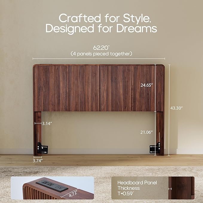 AVZEAR Fluted Headboard Queen Size, Modern Wood Queen Headboard Only, Mid Wall Mounted Headboard with 2 Outlets and USB & Type C Port, Century Curved Wooden Bed Headboards Bedroom Decor, Walnut