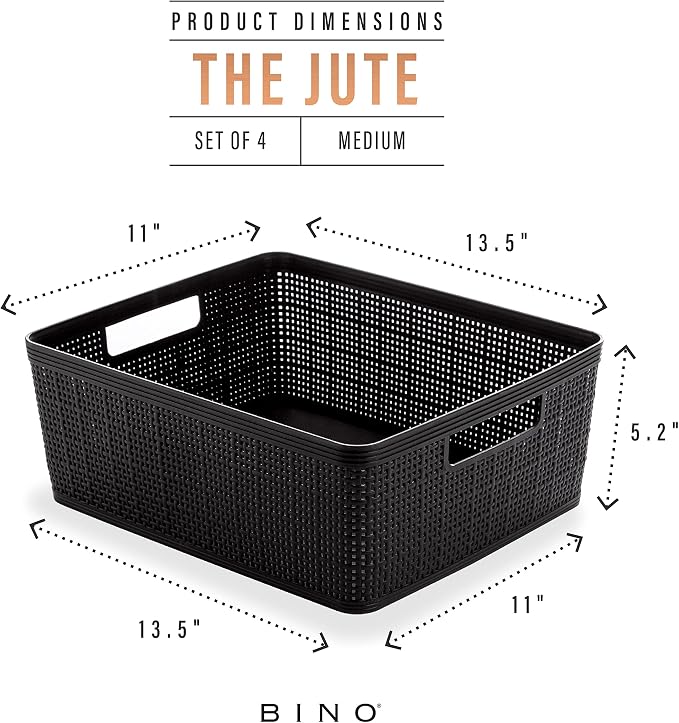 BINO | Woven Plastic Basket | Medium (Black), 4-Pack | THE JUTE COLLECTION | Home Organization, Space - Saving Storage, Stylish Design | Jute Basket | Plastic Storage Basket - Image 3