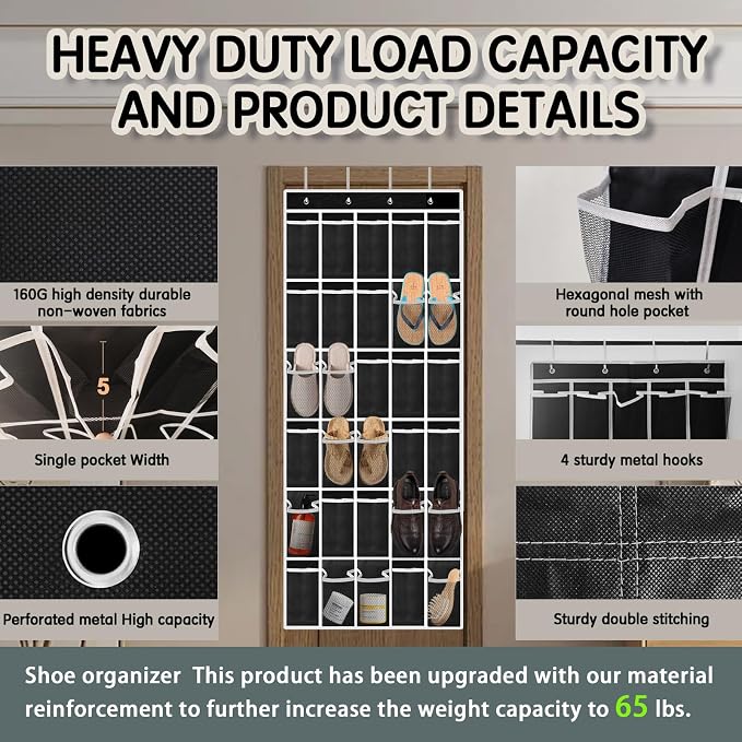 Kotkn Over the Door Shoe Organizer with 30 Breathable Mesh Pockets - Large Capacity Closet Storage for Men & Women, Hanging Shoe Rack Organizer (Solid black) - Image 2