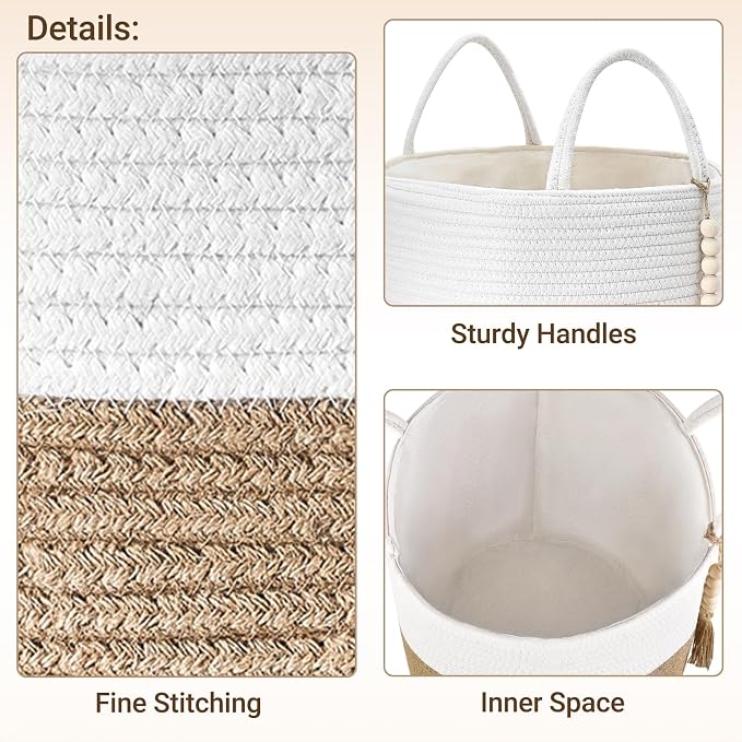 Mkono Woven Storage Basket Decorative Natural Rope Basket Wooden Bead Decoration for Blankets,Toys,Clothes,Shoes,Plant Organizer Bin with Handles Living Room Home, 16" Wx13.8 L, Cream White and Brown - Image 7