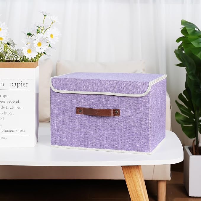 ANMINY 4PCS Storage Bins with Lid PU Leather Handles Storage Boxes PP Plastic Board Decorative Foldable Lidded Cotton Linen Fabric Home Cubes Baskets Closet Organizer Containers - Purple, Large Size - Image 2