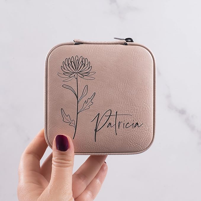 Custom Leather Jewelry Box w/Name & Birth Flower Month - Birthday Gifts for Women, Personalized Jewelry Travel Case - Customized Jewelry Organizer Box, Mom Birthday Gifts - Gray - Image 3