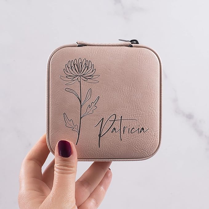 Custom Leather Jewelry Box w/Name & Birth Flower Month - Birthday Gifts for Women, Personalized Jewelry Travel Case - Customized Jewelry Organizer Box, Mom Birthday Gifts - Pink - Image 3